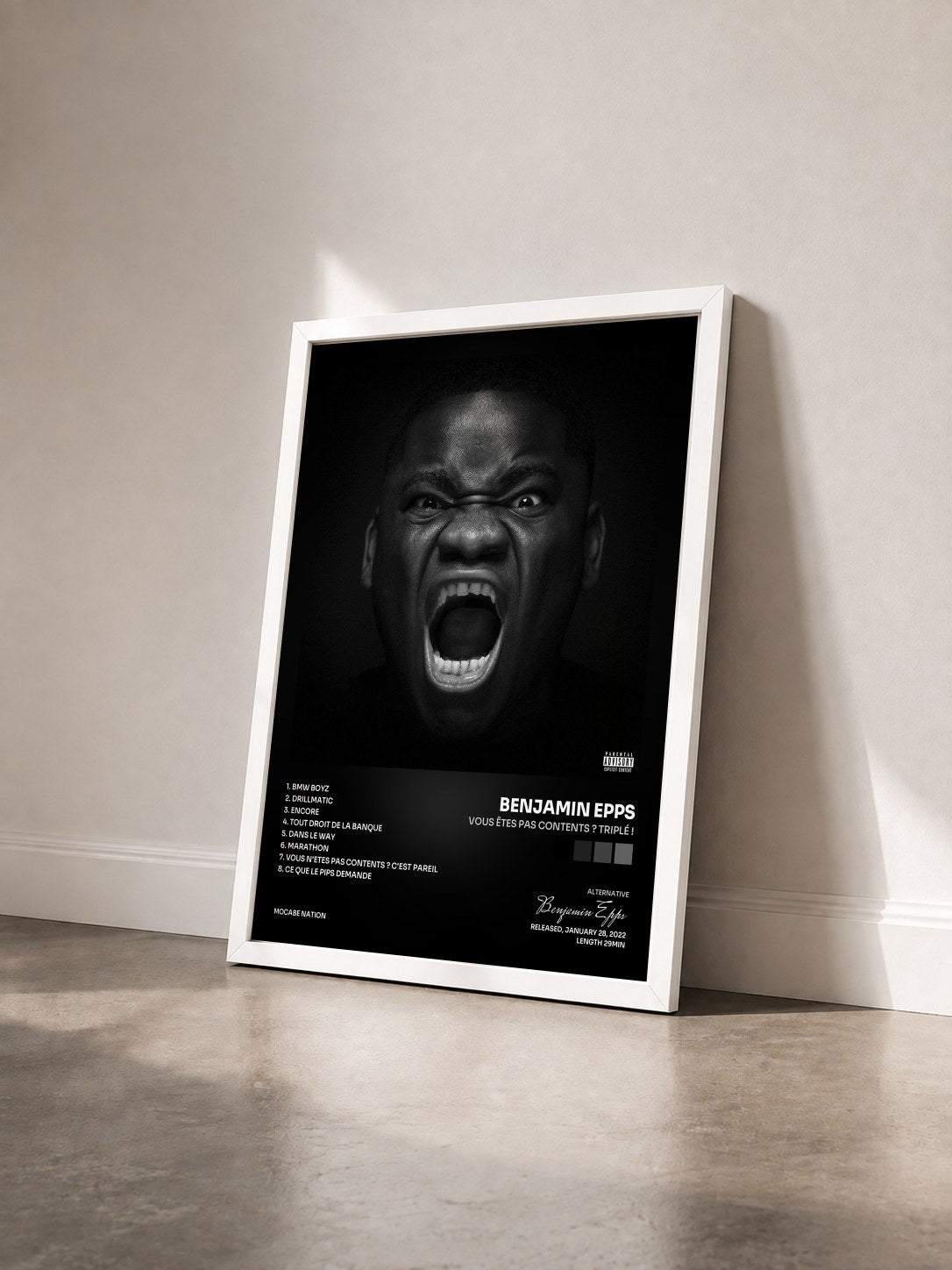 #blanc Tableau de l'album VOUS ÊTES PAS CONTENTS ? TRIPLÉ ! de Benjamin Epps vu de trois quarts, cadre blanc