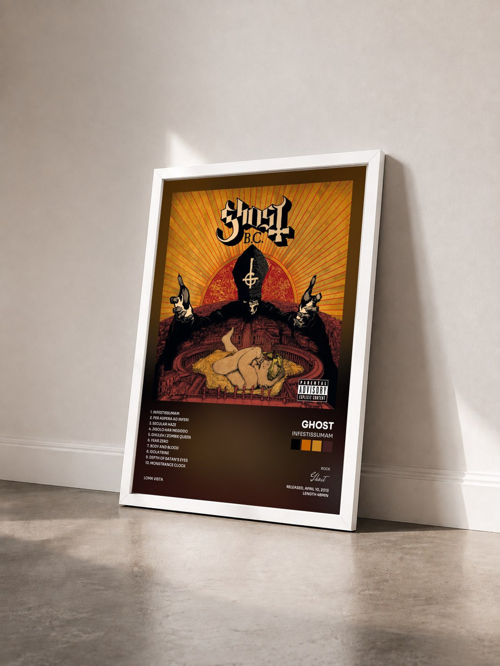 #blanc Tableau de l'album Infestissumam de Ghost vu de trois quarts, cadre blanc