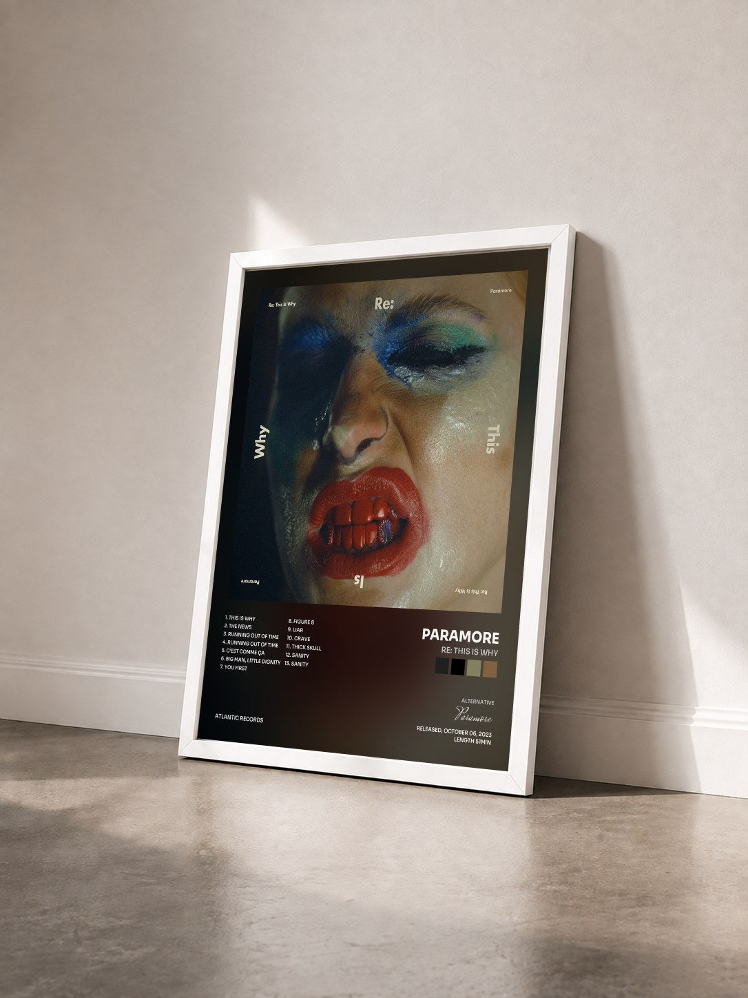 #blanc Tableau de l'album Re: This Is Why de Paramore vu de trois quarts, cadre blanc