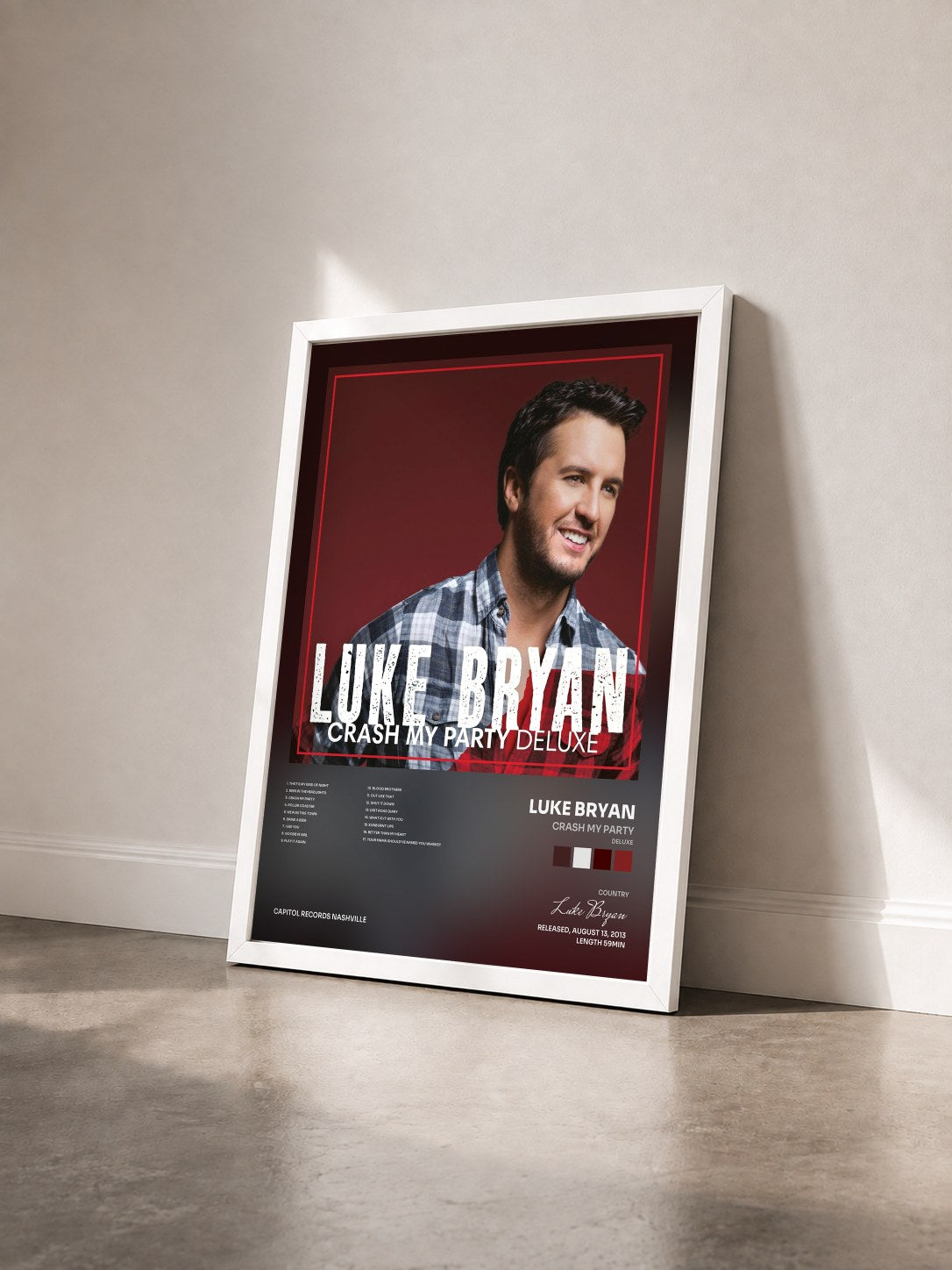 #blanc Tableau de l'album Crash My Party (Deluxe) de Luke Bryan vu de trois quarts, cadre blanc