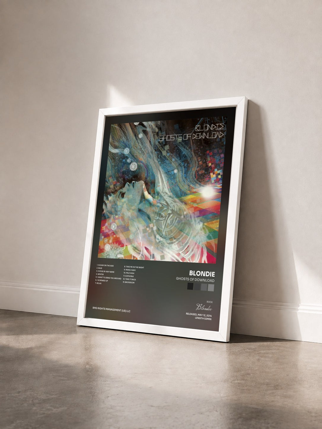 #blanc Tableau de l'album Ghosts of Download de Blondie vu de trois quarts, cadre blanc