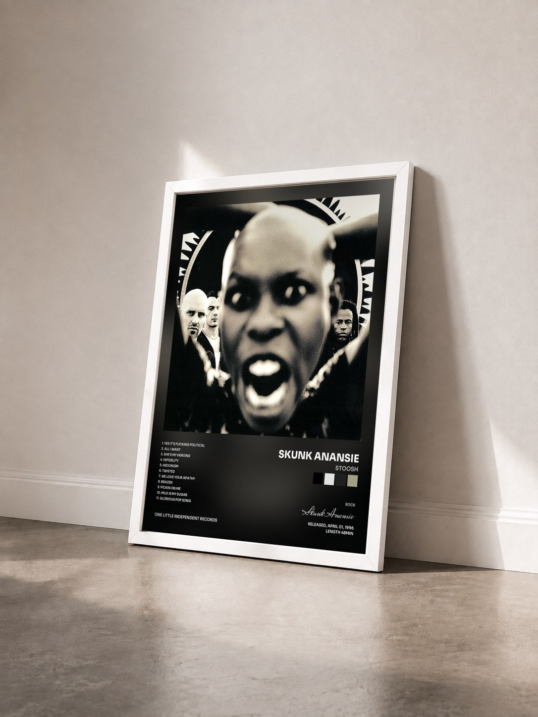 #blanc Tableau de l'album Stoosh de Skunk Anansie vu de trois quarts, cadre blanc