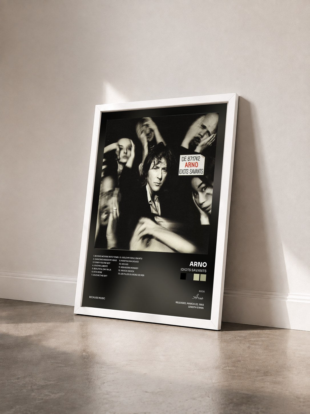 #blanc Tableau de l'album Idiots Savants de Arno vu de trois quarts, cadre blanc