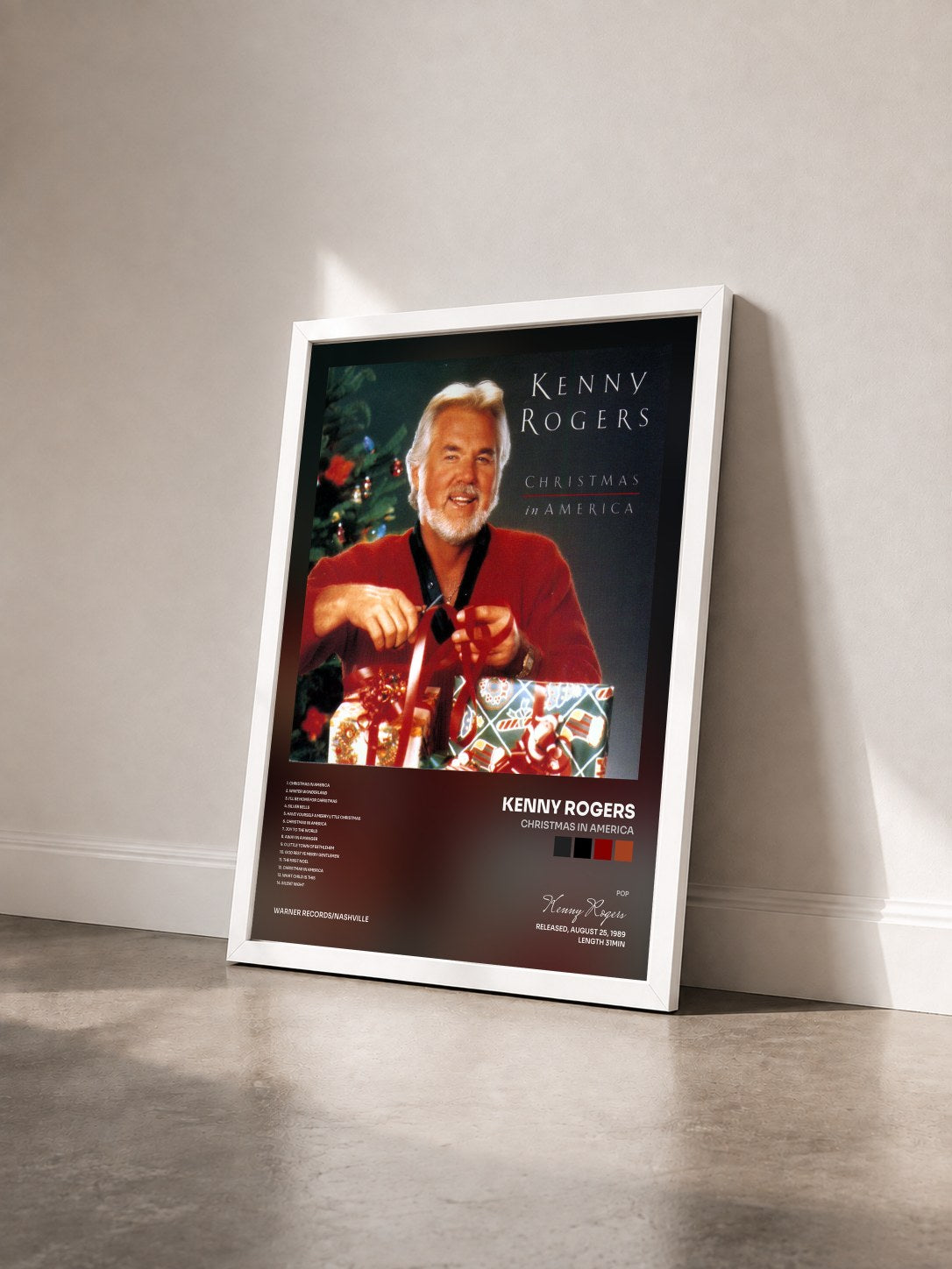 #blanc Tableau de l'album Christmas In America de Kenny Rogers vu de trois quarts, cadre blanc