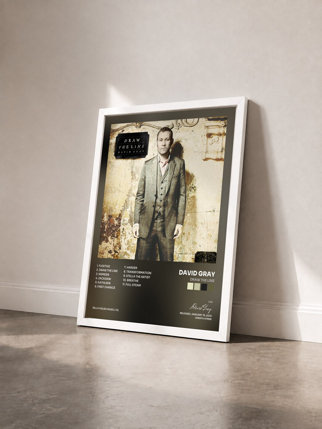 #blanc Tableau de l'album Draw the Line de David Gray vu de trois quarts, cadre blanc