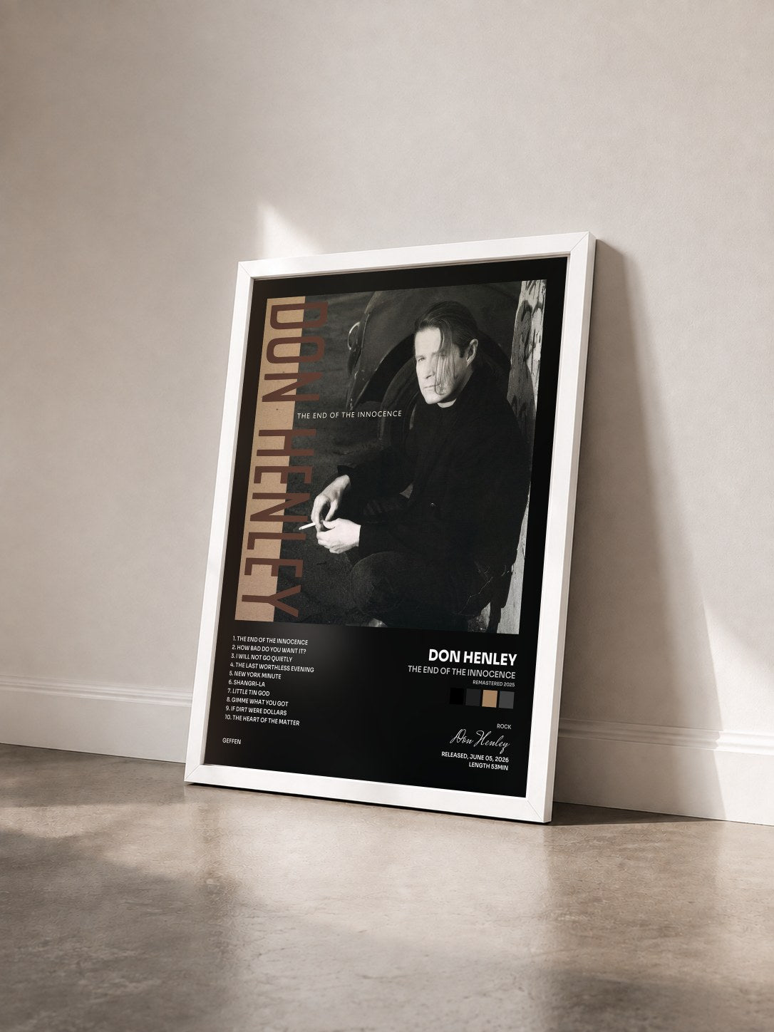 #blanc Tableau de l'album The End Of The Innocence (Remastered 2025) de Don Henley vu de trois quarts, cadre blanc