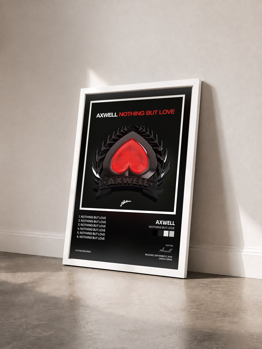#blanc Tableau de l'album Nothing But Love de Axwell vu de trois quarts, cadre blanc