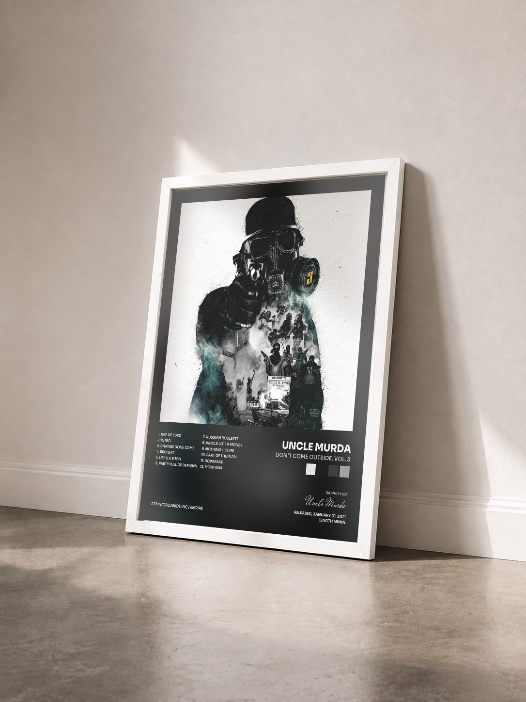 #blanc Tableau de l'album Don't Come Outside, Vol. 3 de Uncle Murda vu de trois quarts, cadre blanc