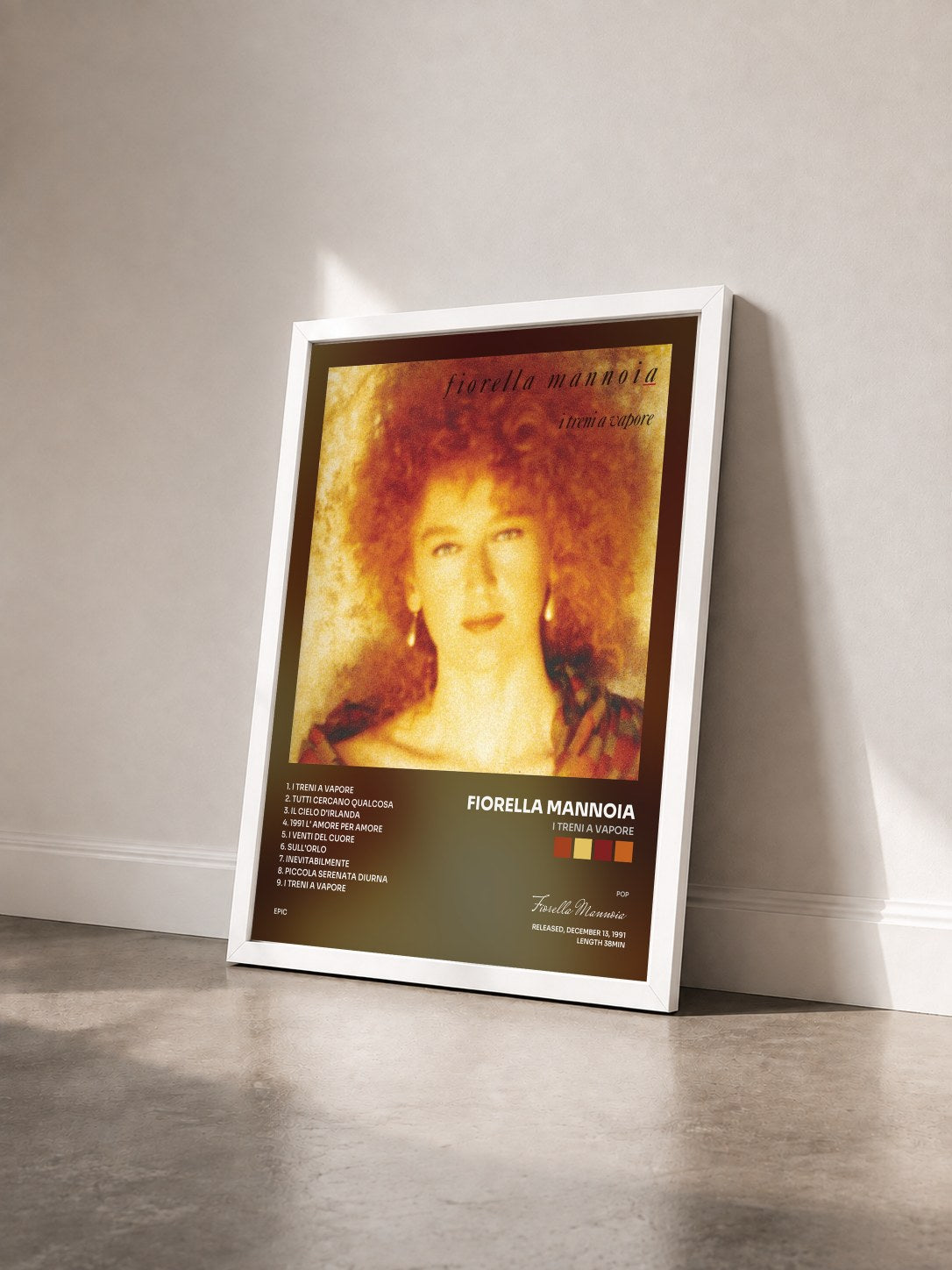 #blanc Tableau de l'album I Treni A Vapore de Fiorella Mannoia vu de trois quarts, cadre blanc