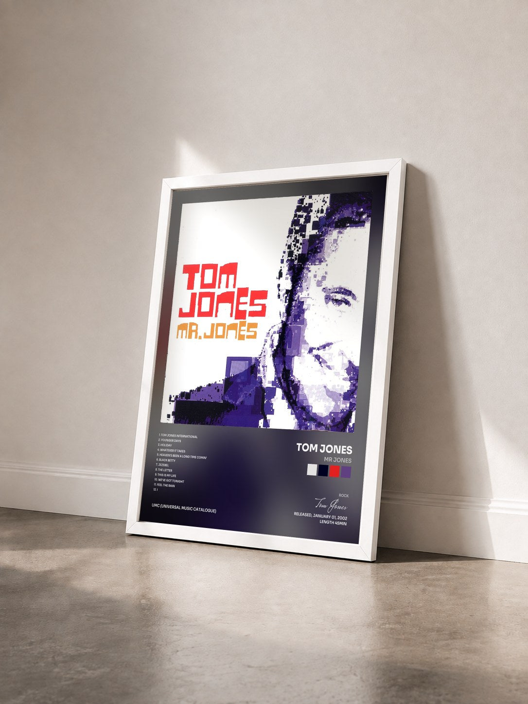 #blanc Tableau de l'album Mr Jones de Tom Jones vu de trois quarts, cadre blanc