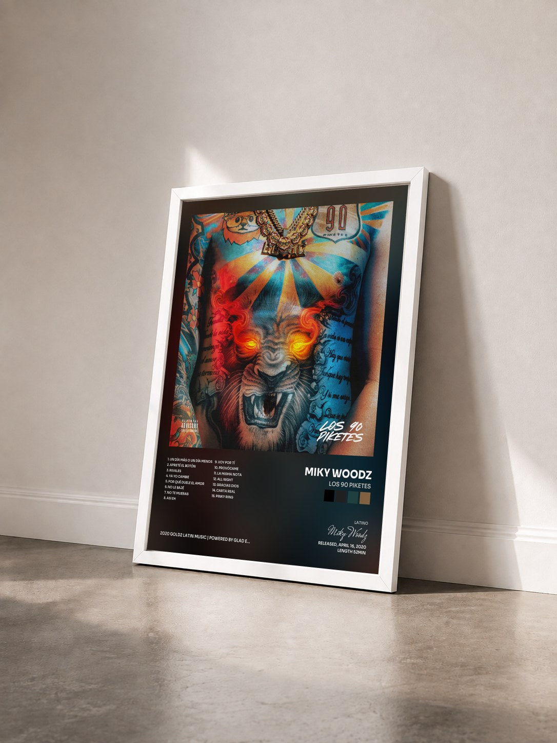 #blanc Tableau de l'album Los 90 Piketes de Miky Woodz vu de trois quarts, cadre blanc