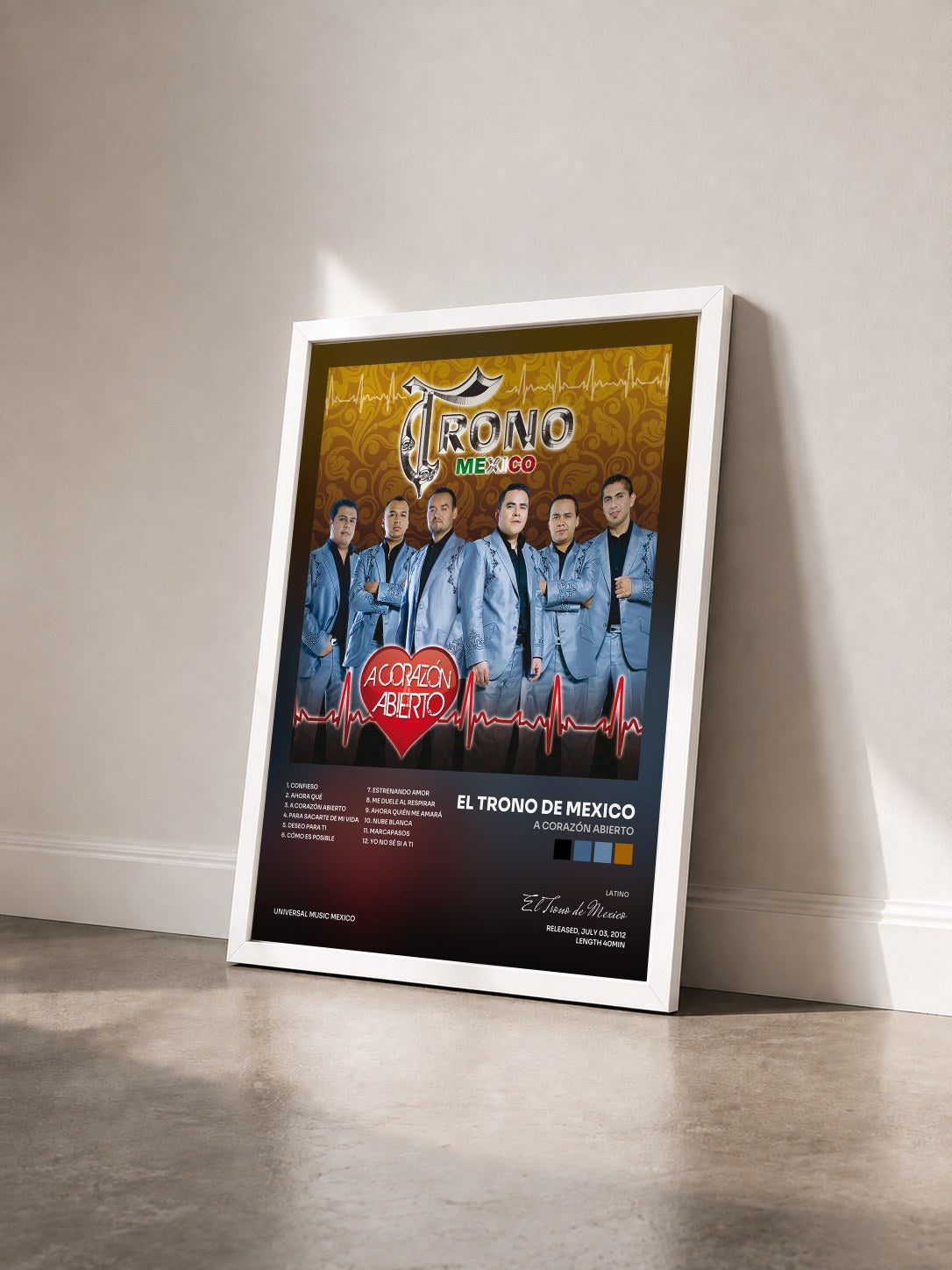 #blanc Tableau de l'album A Corazón Abierto de El Trono de Mexico vu de trois quarts, cadre blanc