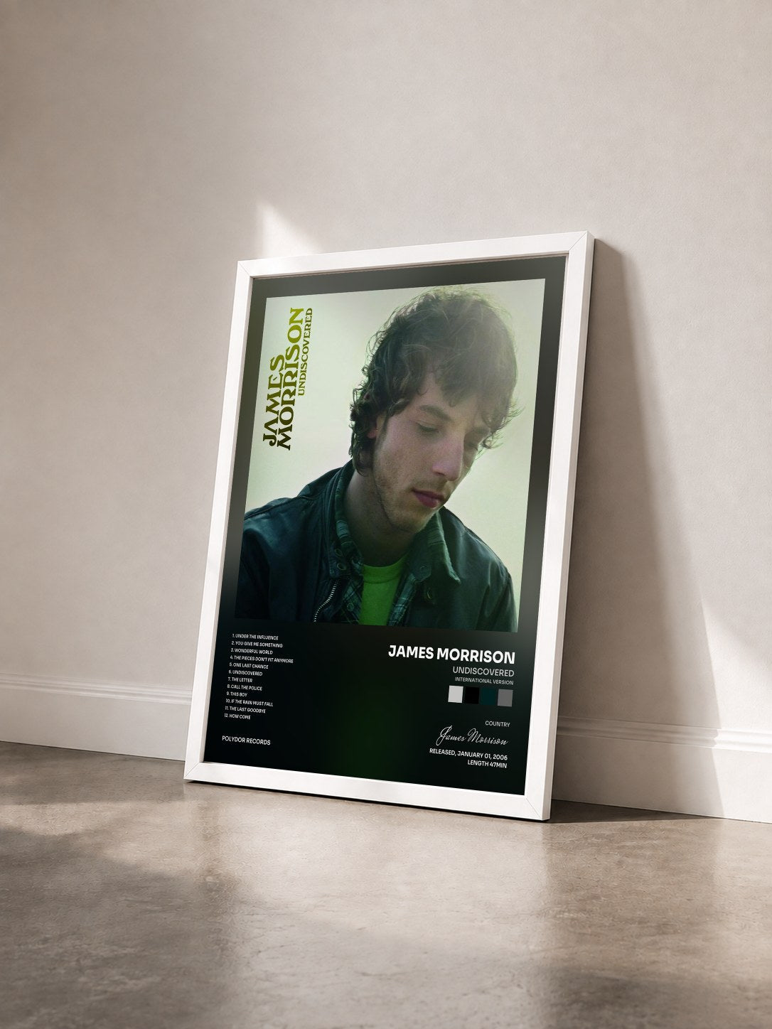 #blanc Tableau de l'album Undiscovered (International Version) de James Morrison vu de trois quarts, cadre blanc