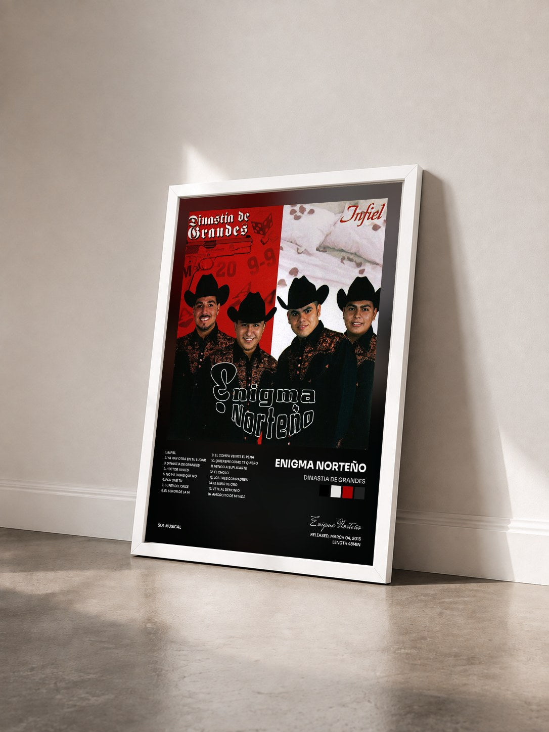#blanc Tableau de l'album Dinastia De Grandes de Enigma Norteño vu de trois quarts, cadre blanc