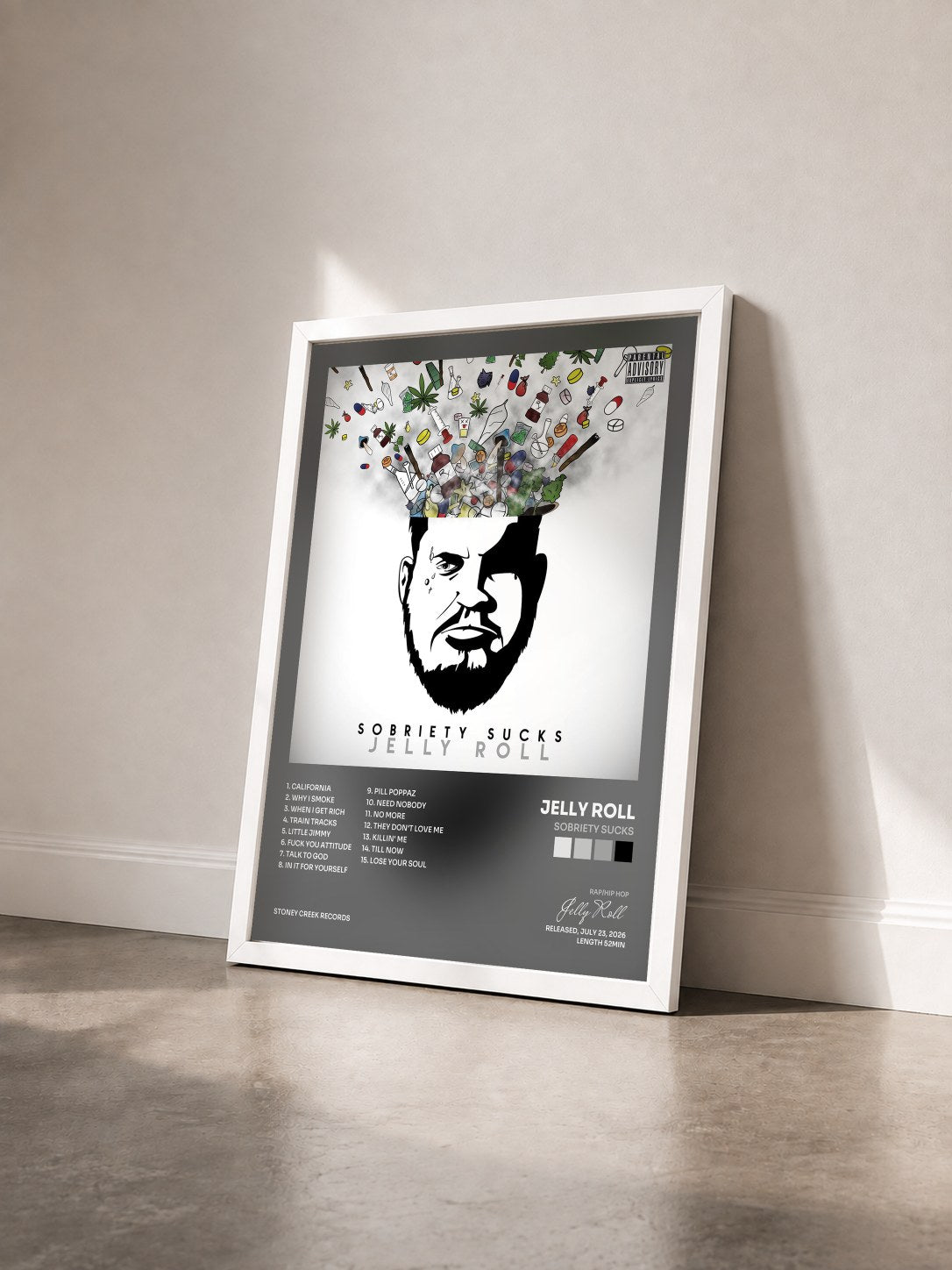#blanc Tableau de l'album Sobriety Sucks de Jelly Roll vu de trois quarts, cadre blanc