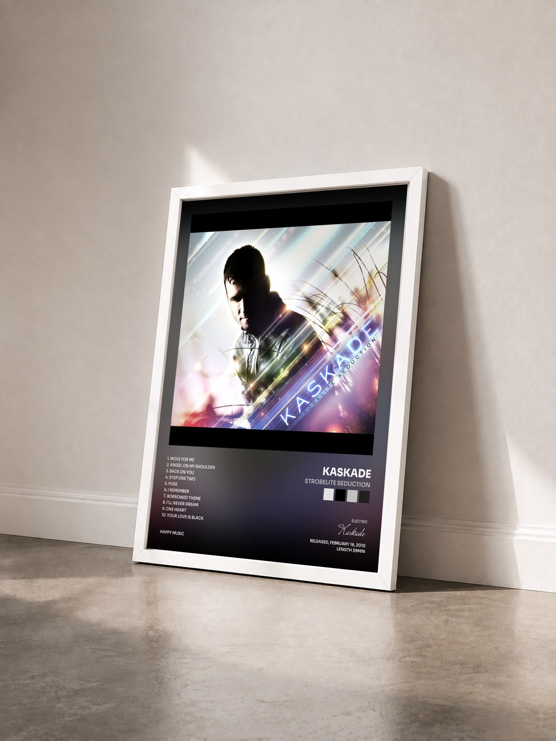 #blanc Tableau de l'album Strobelite Seduction de Kaskade vu de trois quarts, cadre blanc