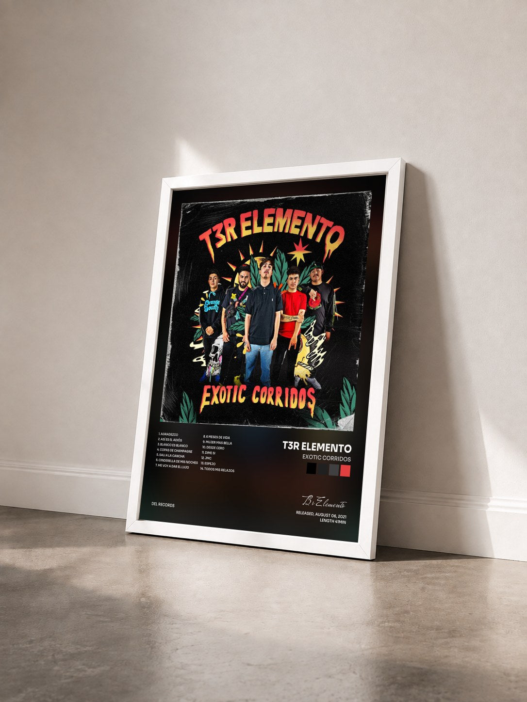 #blanc Tableau de l'album Exotic Corridos de T3r Elemento vu de trois quarts, cadre blanc