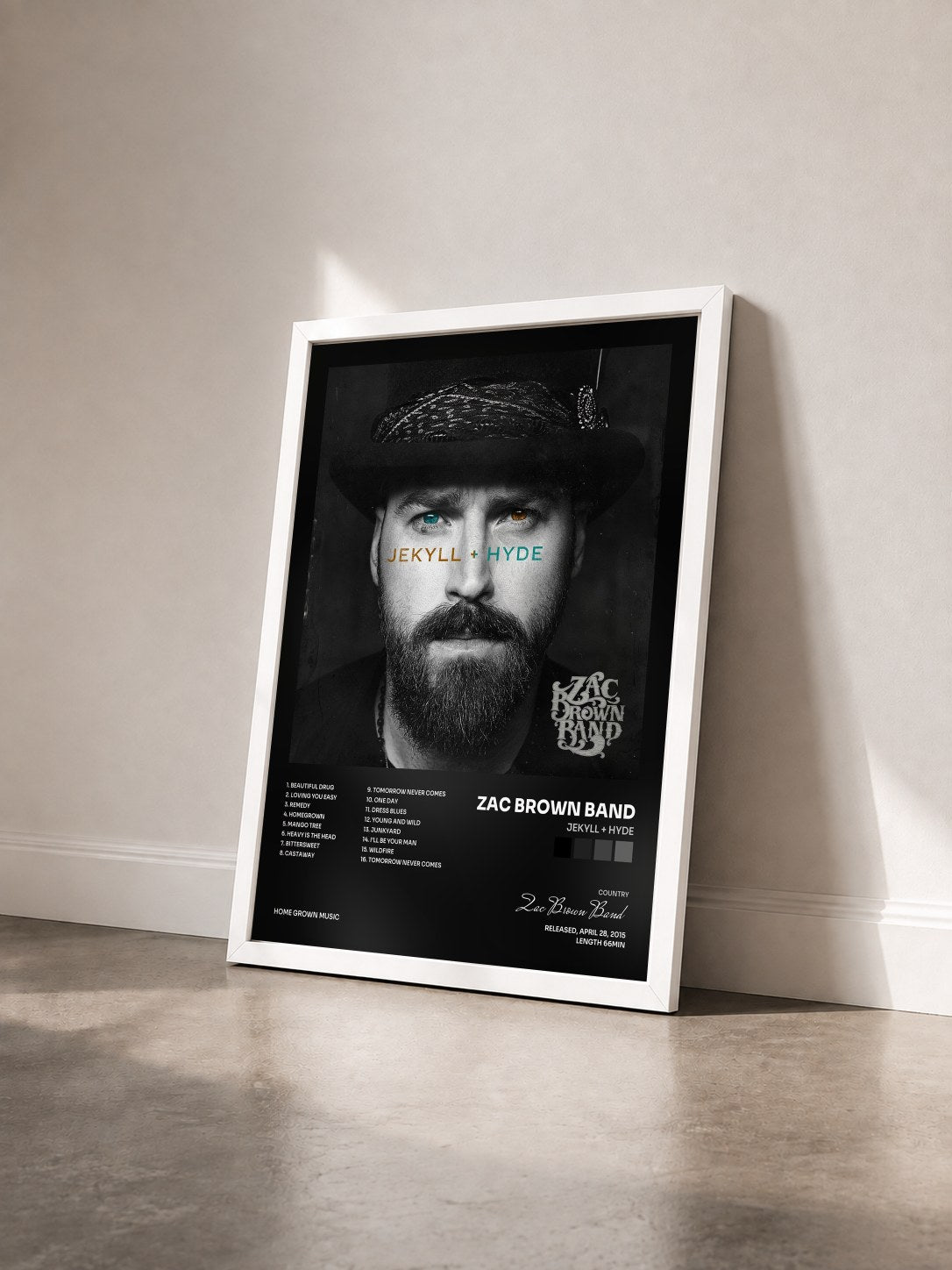 #blanc Tableau de l'album JEKYLL + HYDE de Zac Brown Band vu de trois quarts, cadre blanc