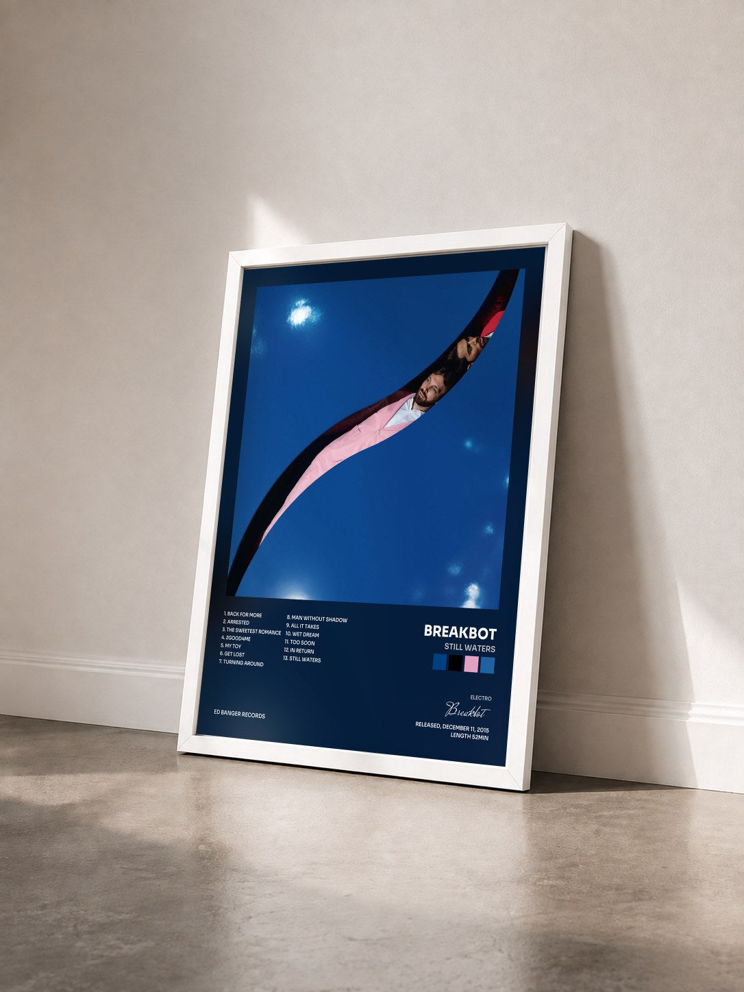 #blanc Tableau de l'album Still Waters de Breakbot vu de trois quarts, cadre blanc