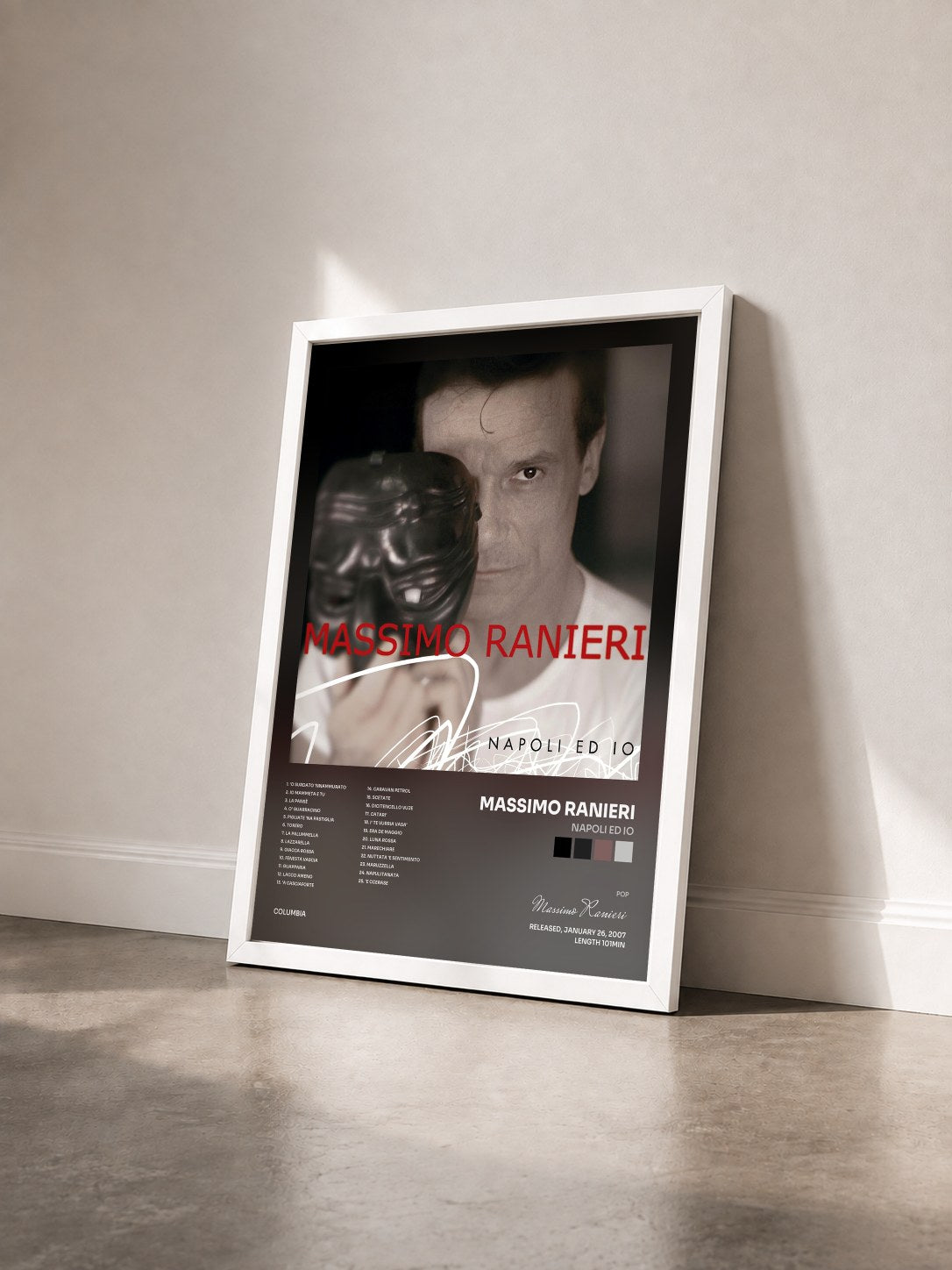 #blanc Tableau de l'album Napoli Ed Io de Massimo Ranieri vu de trois quarts, cadre blanc