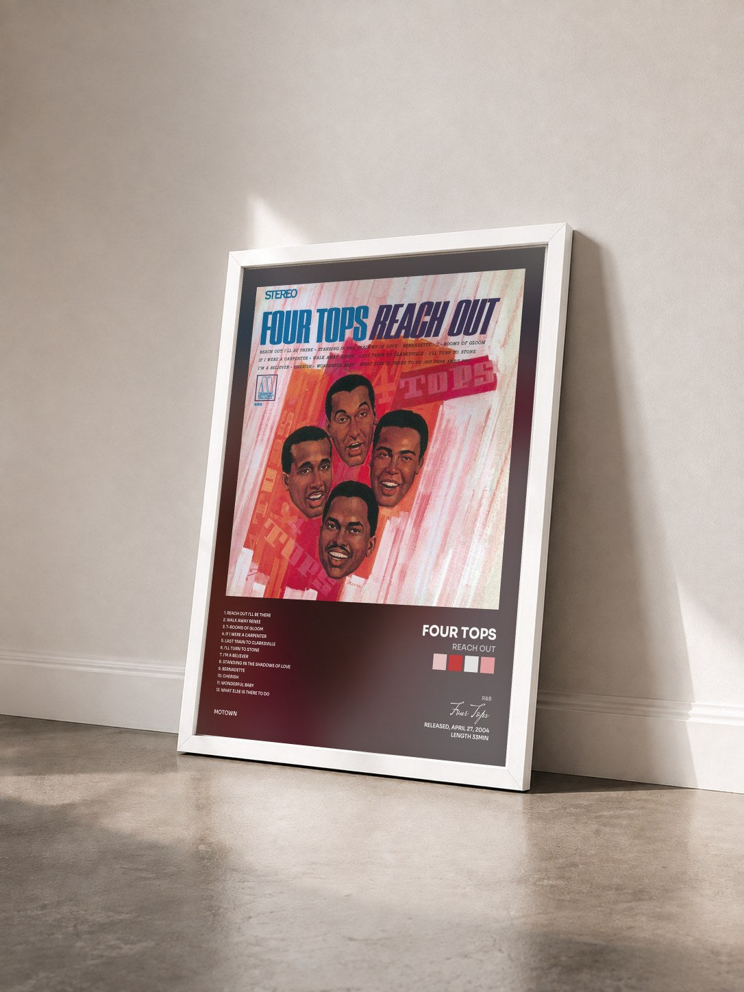 #blanc Tableau de l'album Reach Out de Four Tops vu de trois quarts, cadre blanc
