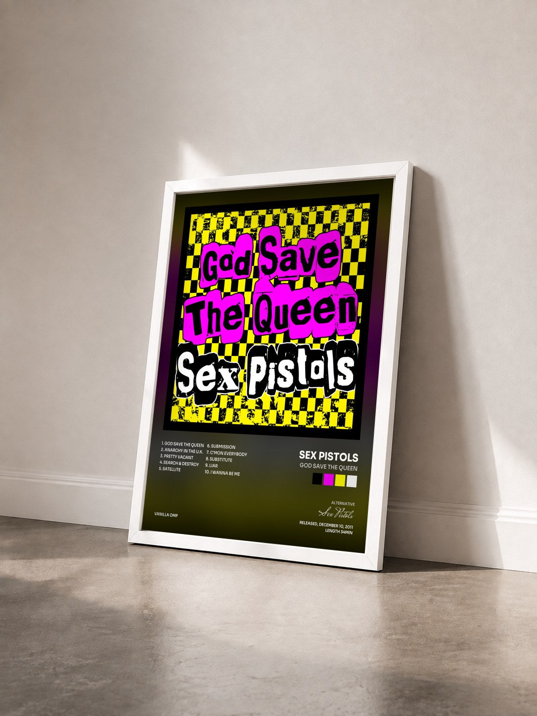 #blanc Tableau de l'album God Save the Queen de Sex Pistols vu de trois quarts, cadre blanc