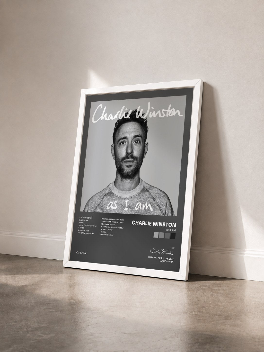 #blanc Tableau de l'album As I Am de Charlie Winston vu de trois quarts, cadre blanc