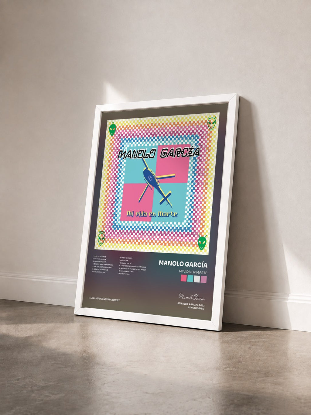 #blanc Mi Vida en Marte by Manolo García as a framed art print seen at an angle, white frame