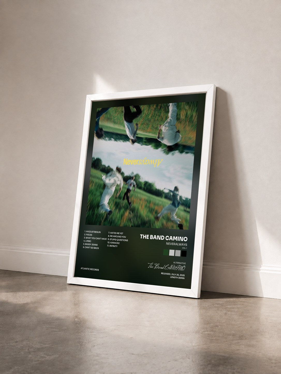 #blanc Tableau de l'album NeverAlways (Vol. 1) de The Band CAMINO vu de trois quarts, cadre blanc