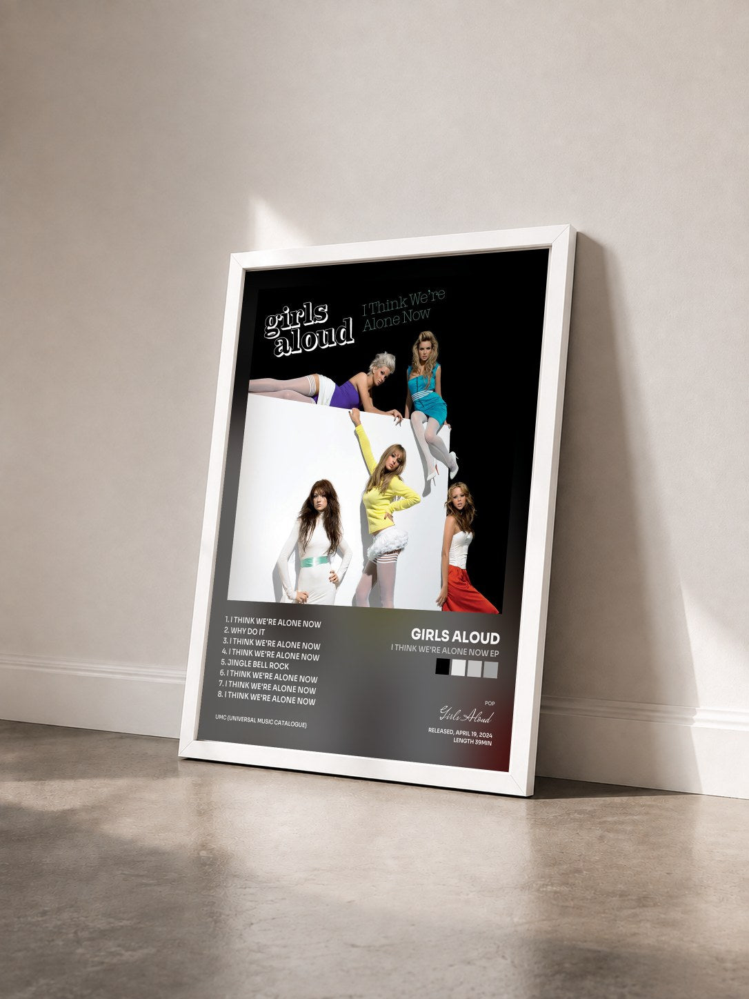 #blanc Tableau de l'album I Think We're Alone Now EP de Girls Aloud vu de trois quarts, cadre blanc