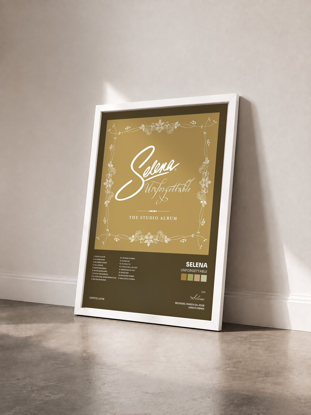#blanc Tableau de l'album Unforgettable de Selena vu de trois quarts, cadre blanc