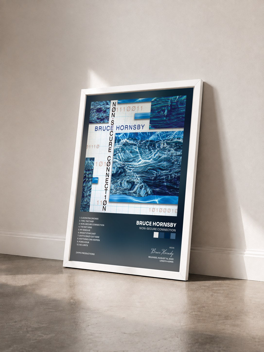 #blanc Tableau de l'album Non-Secure Connection de Bruce Hornsby vu de trois quarts, cadre blanc
