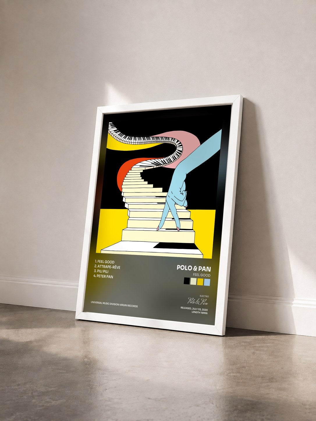 #blanc Tableau de l'album Feel Good de Polo & Pan vu de trois quarts, cadre blanc