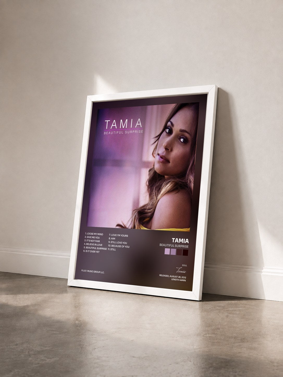 #blanc Tableau de l'album Beautiful Surprise de Tamia vu de trois quarts, cadre blanc