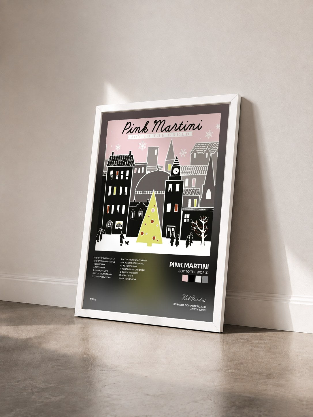 #blanc Tableau de l'album Joy to the World de Pink Martini vu de trois quarts, cadre blanc