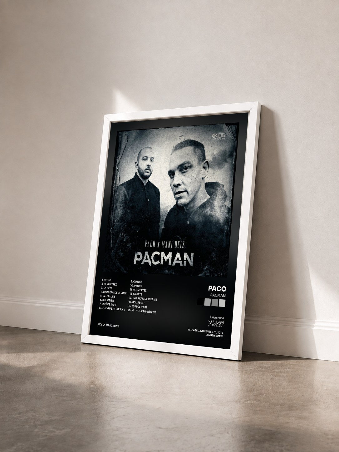 #blanc Tableau de l'album Pacman de PACO vu de trois quarts, cadre blanc