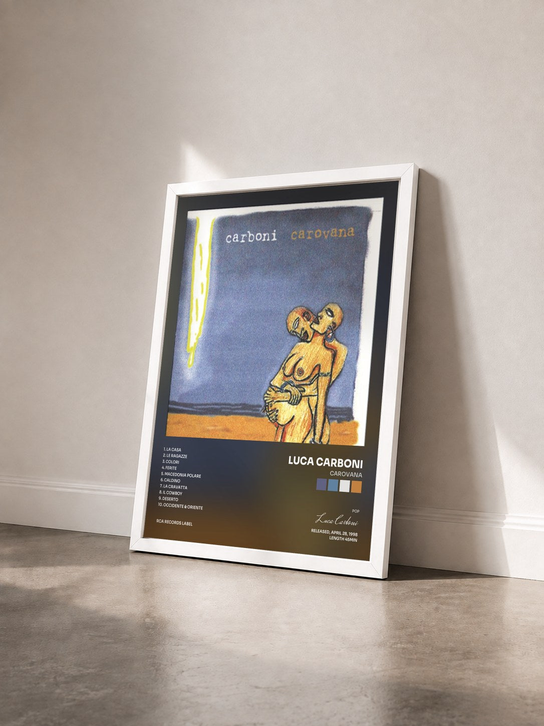 #blanc Tableau de l'album Carovana de Luca Carboni vu de trois quarts, cadre blanc