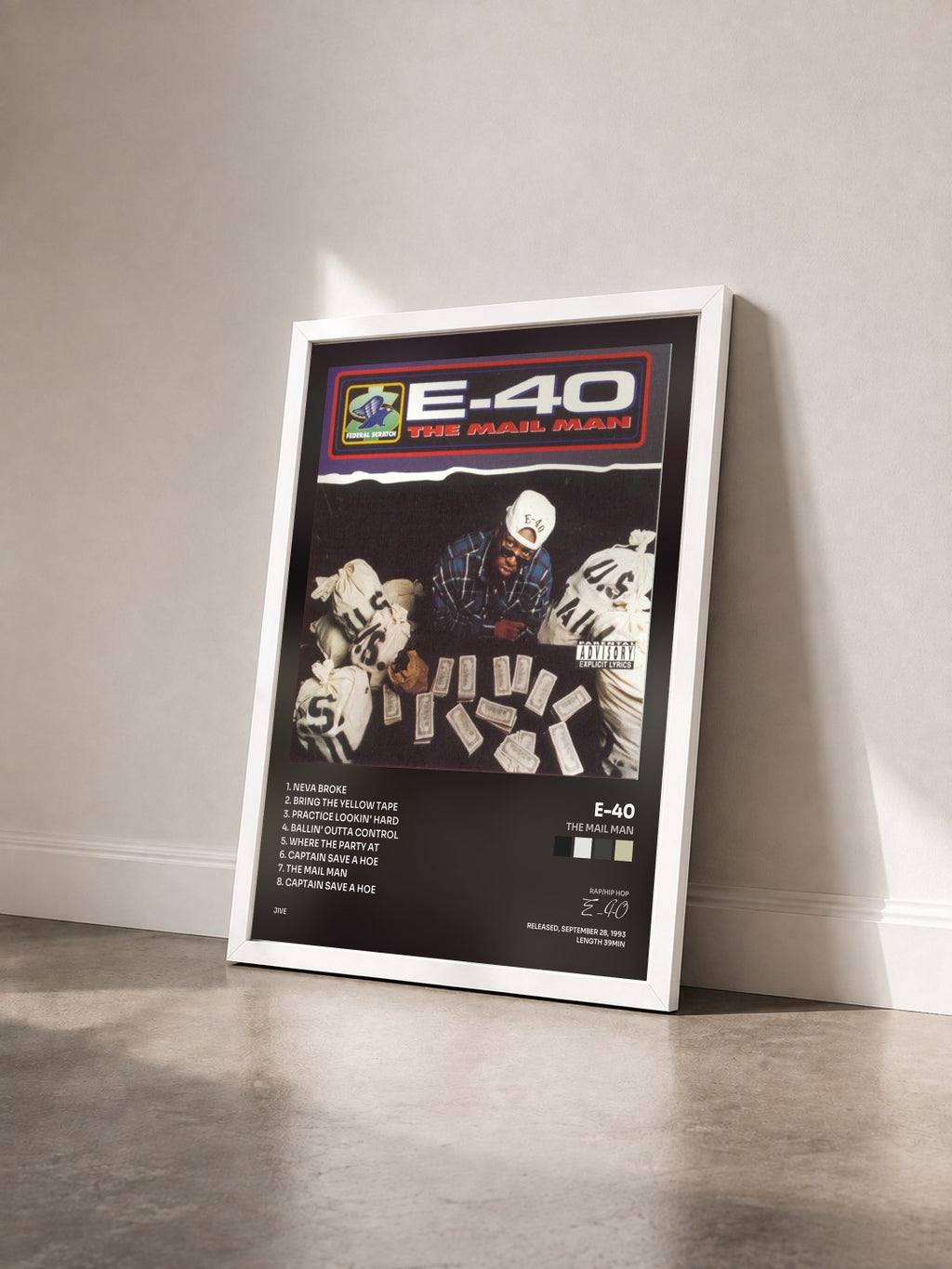 #blanc The Mail Man by E-40 as a framed art print seen at an angle, white frame