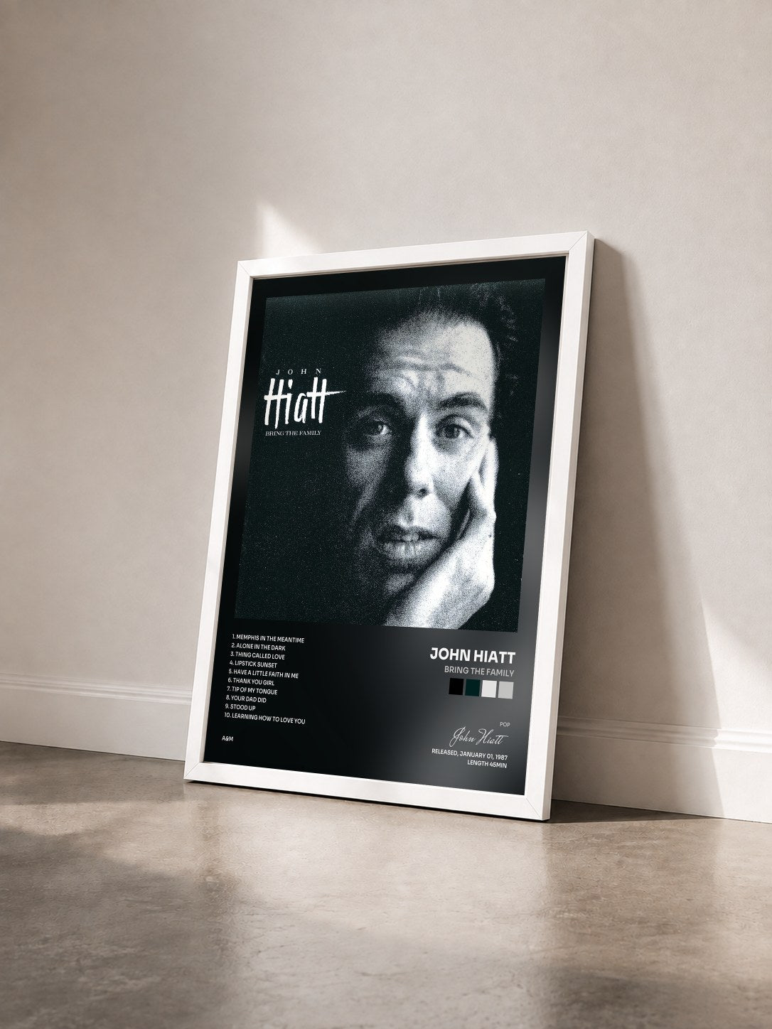 #blanc Tableau de l'album Bring The Family de John Hiatt vu de trois quarts, cadre blanc