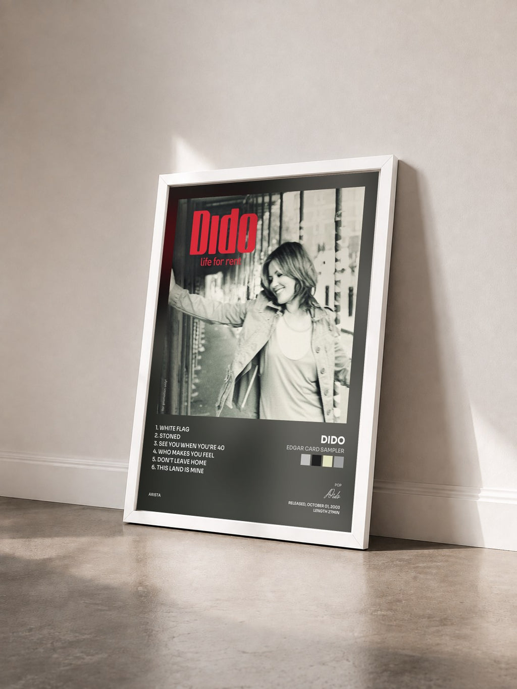#blanc Tableau de l'album Edgar Card Sampler de Dido vu de trois quarts, cadre blanc