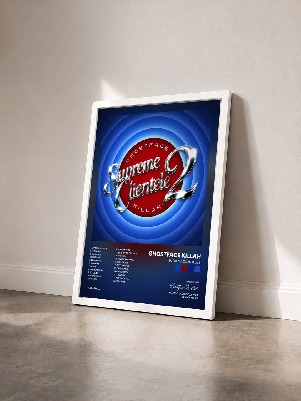 #blanc Supreme Clientele 2 by Ghostface Killah as a framed art print seen at an angle, white frame