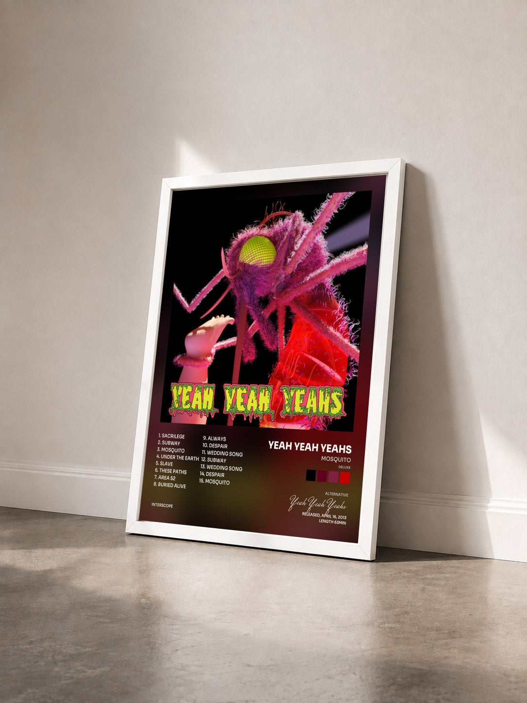 #blanc Tableau de l'album Mosquito (Deluxe) de Yeah Yeah Yeahs vu de trois quarts, cadre blanc