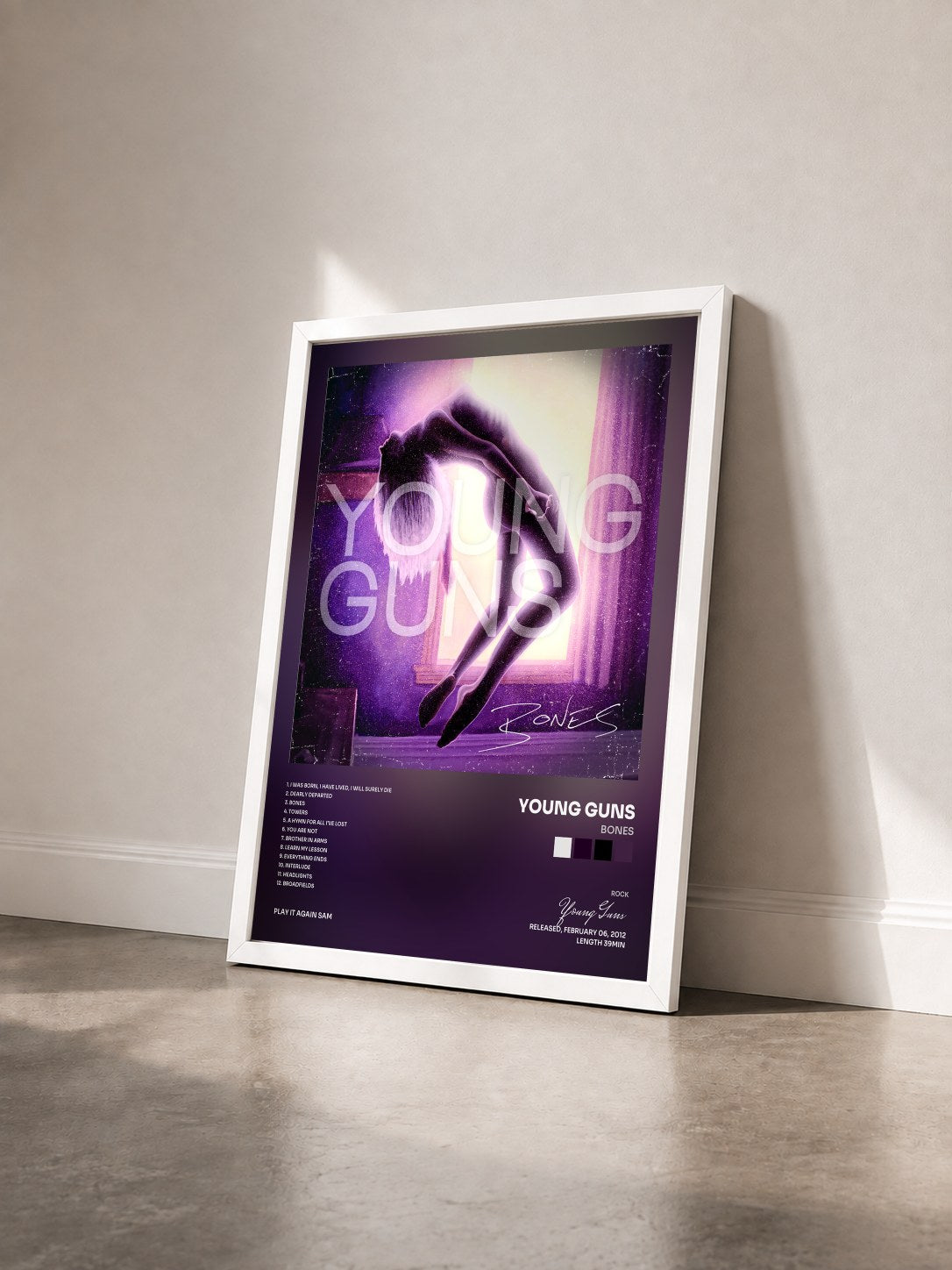#blanc Tableau de l'album Bones de Young Guns vu de trois quarts, cadre blanc
