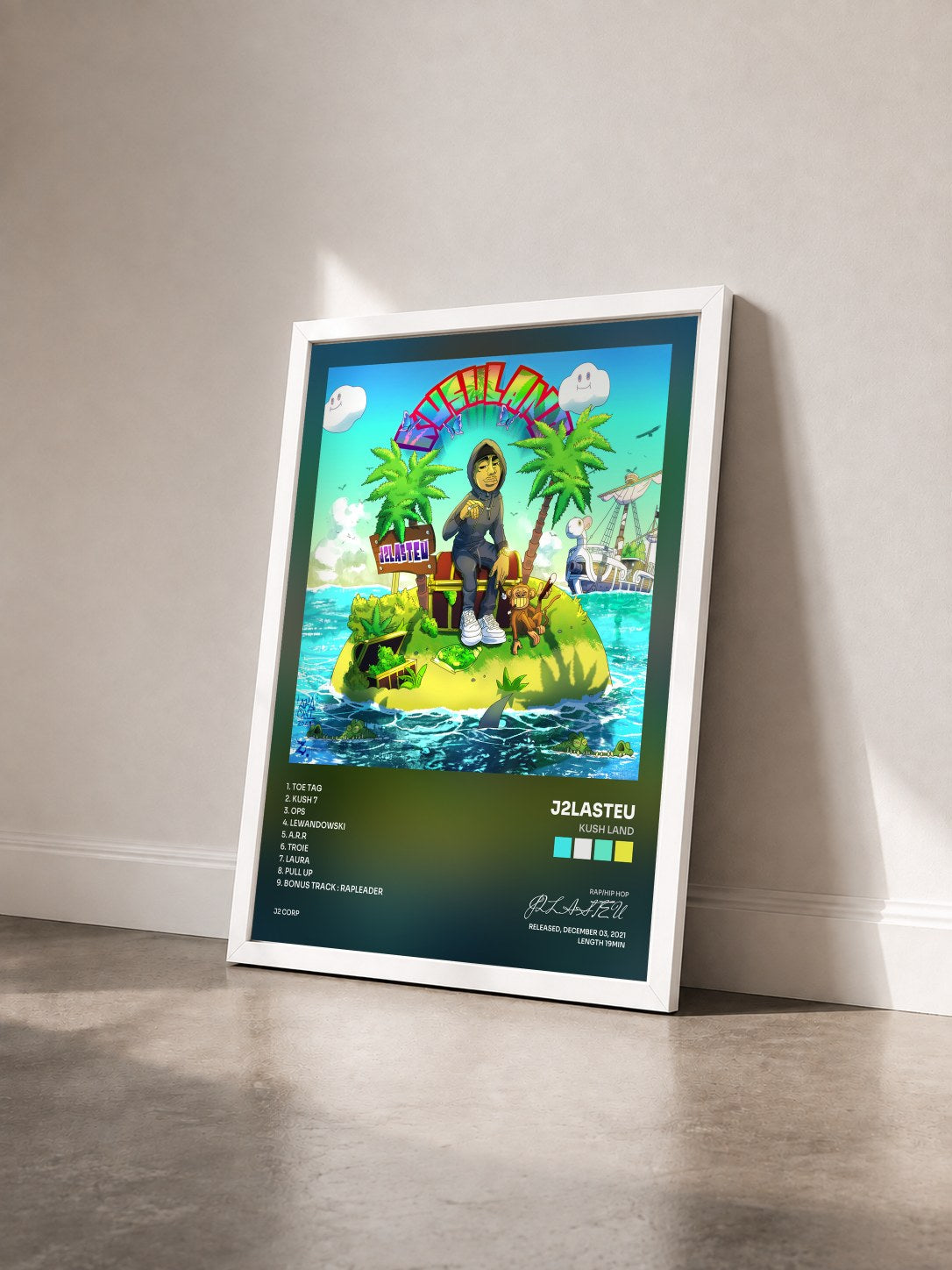#blanc Tableau de l'album KUSH LAND de J2LASTEU vu de trois quarts, cadre blanc