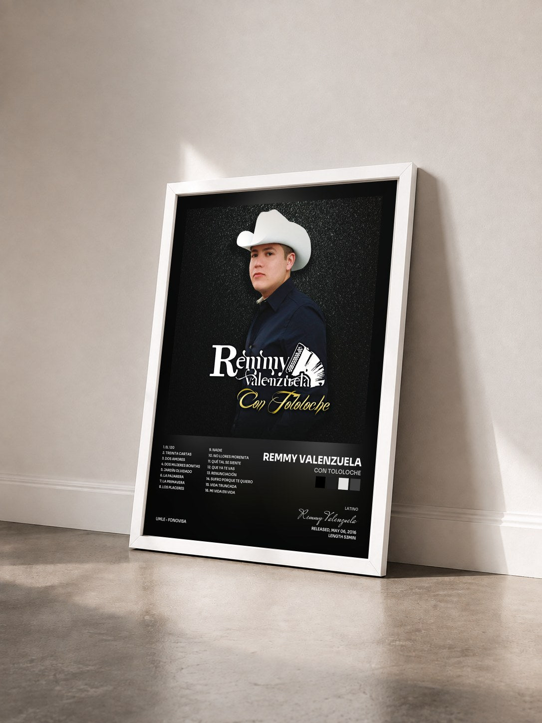 #blanc Tableau de l'album Con Tololoche de Remmy Valenzuela vu de trois quarts, cadre blanc