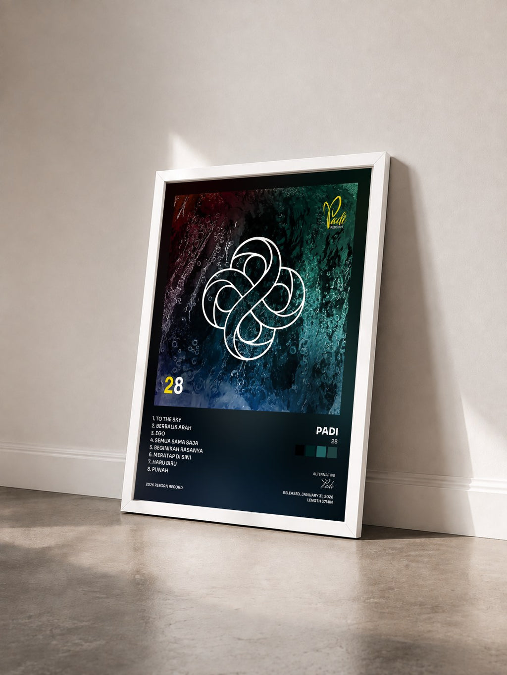 #blanc 28 by Padi as a framed art print seen at an angle, white frame