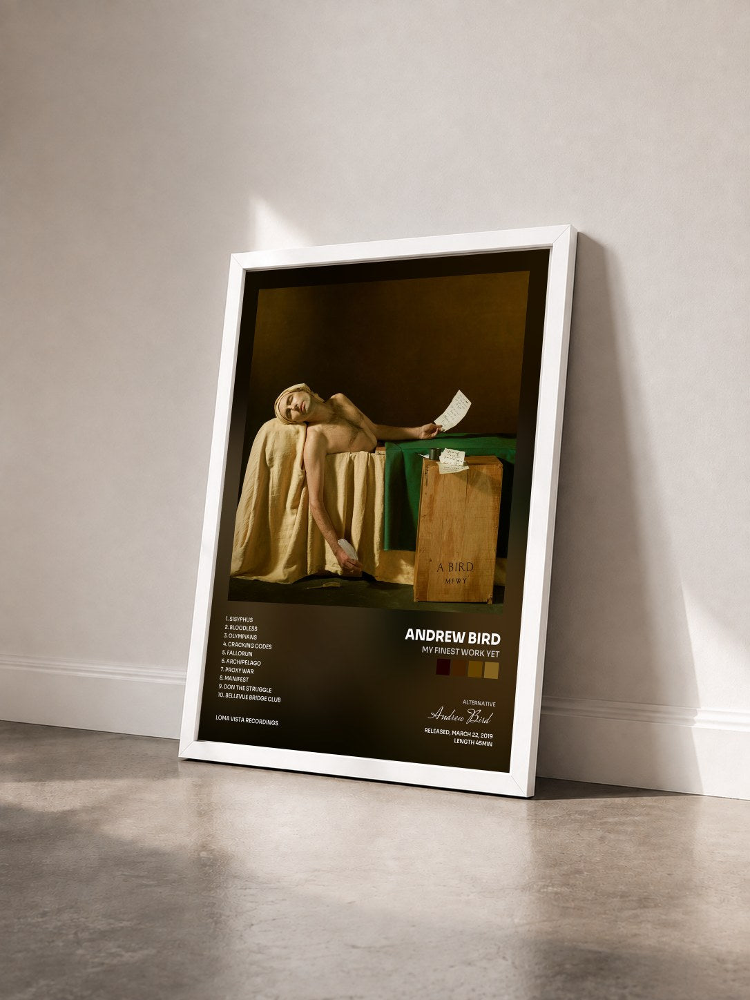 #blanc Tableau de l'album My Finest Work Yet de Andrew Bird vu de trois quarts, cadre blanc