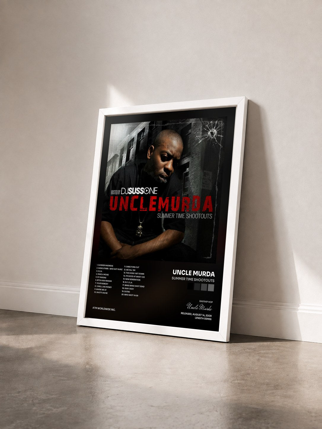 #blanc Tableau de l'album Summer Time Shootouts de Uncle Murda vu de trois quarts, cadre blanc