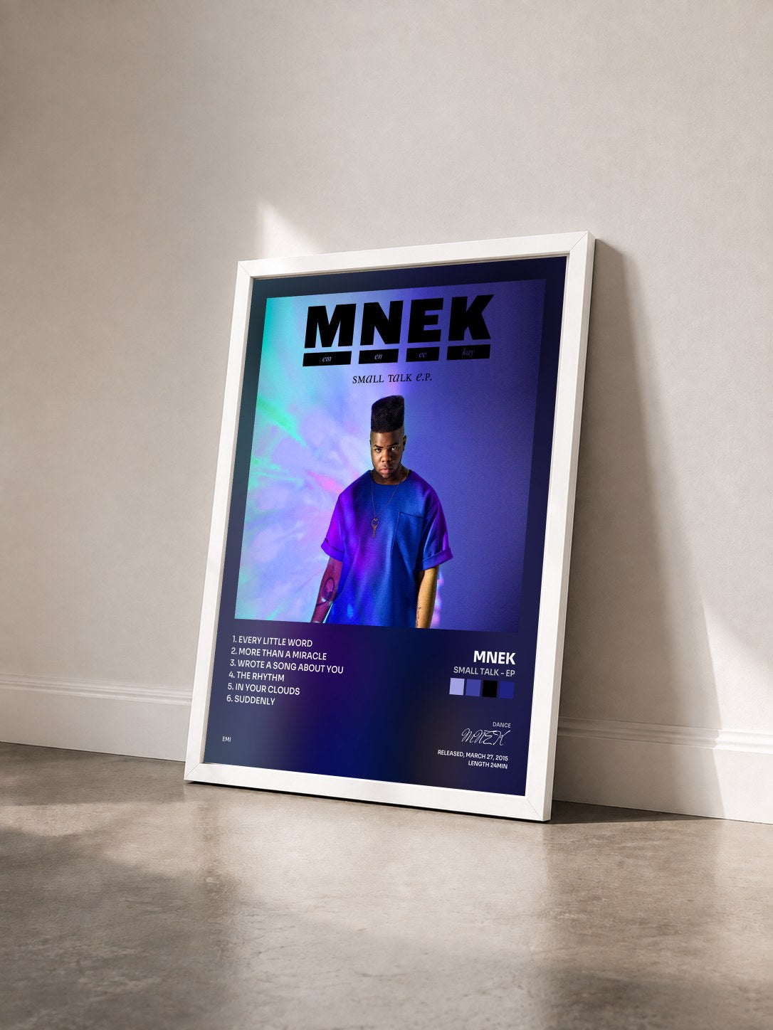 #blanc Tableau de l'album Small Talk - EP de MNEK vu de trois quarts, cadre blanc