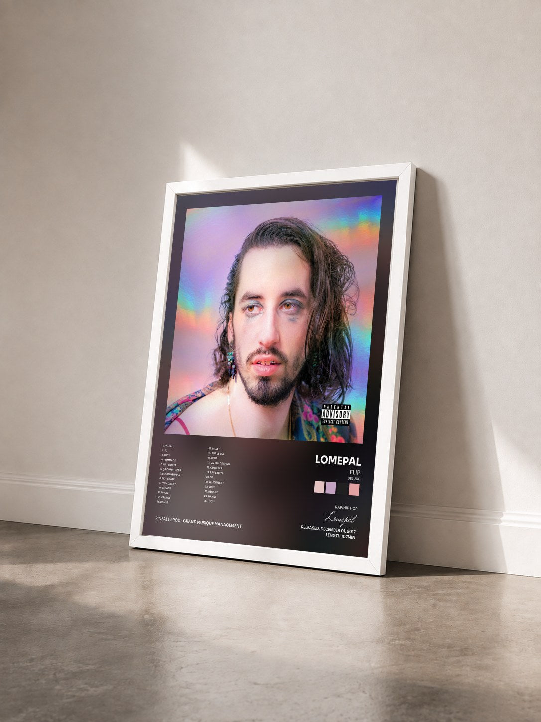 #blanc Tableau de l'album FLIP (Deluxe) de Lomepal vu de trois quarts, cadre blanc